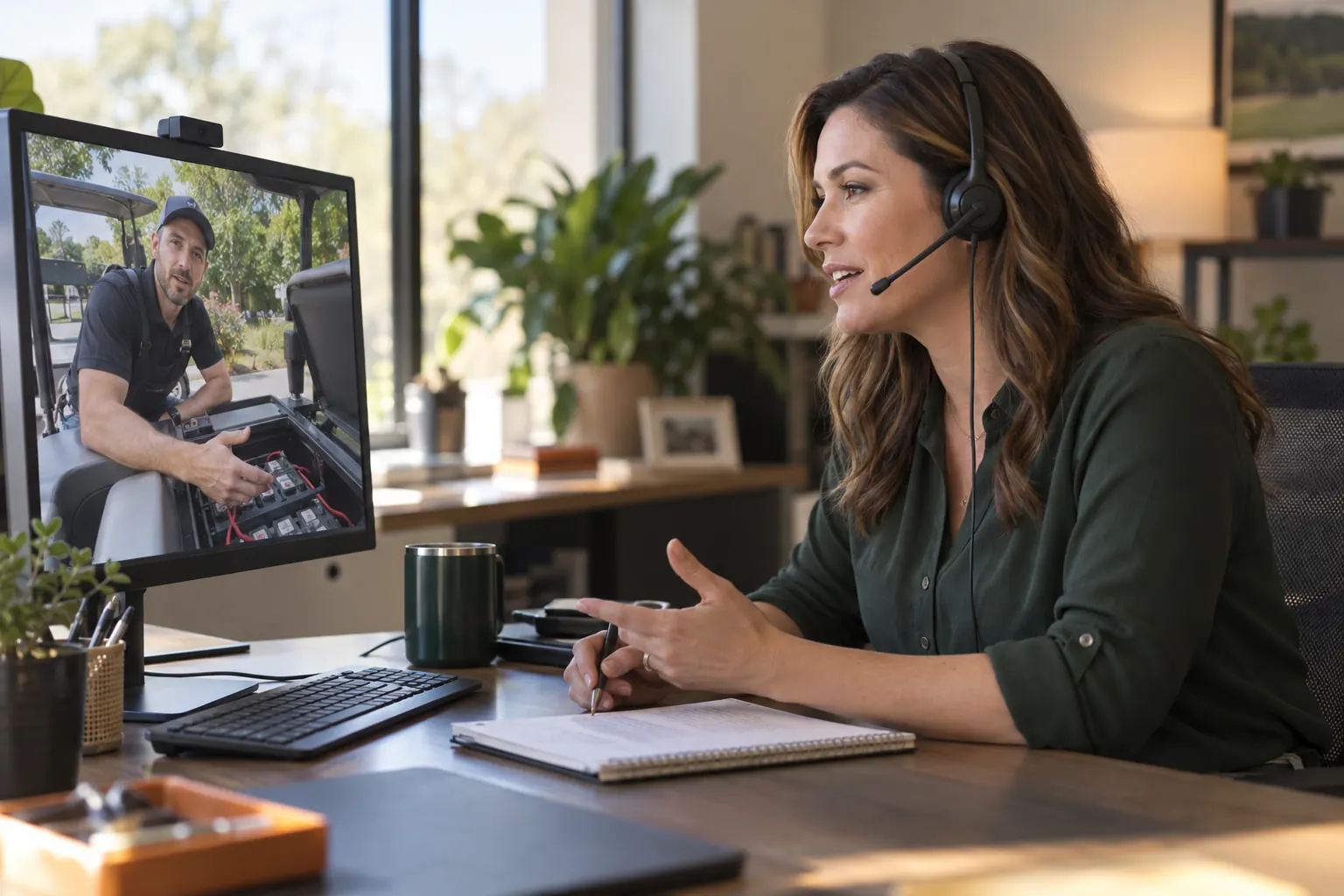 Mobile Cart Pro service coordinator speaking through a headset with a mobile golf cart technician working in the field